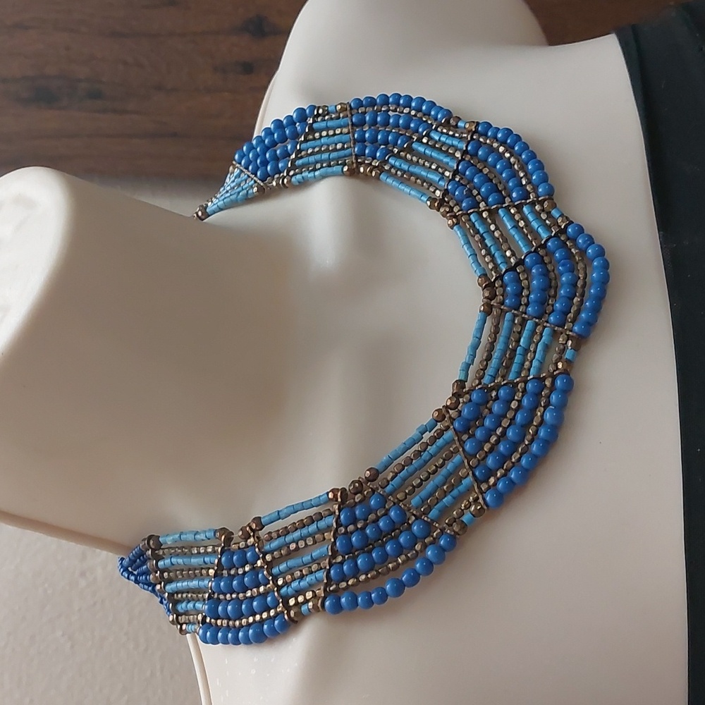 Boho Tribal Tri Tone Blue Gold Tone Seed Bead Statement Necklace - Picture 3 of 5